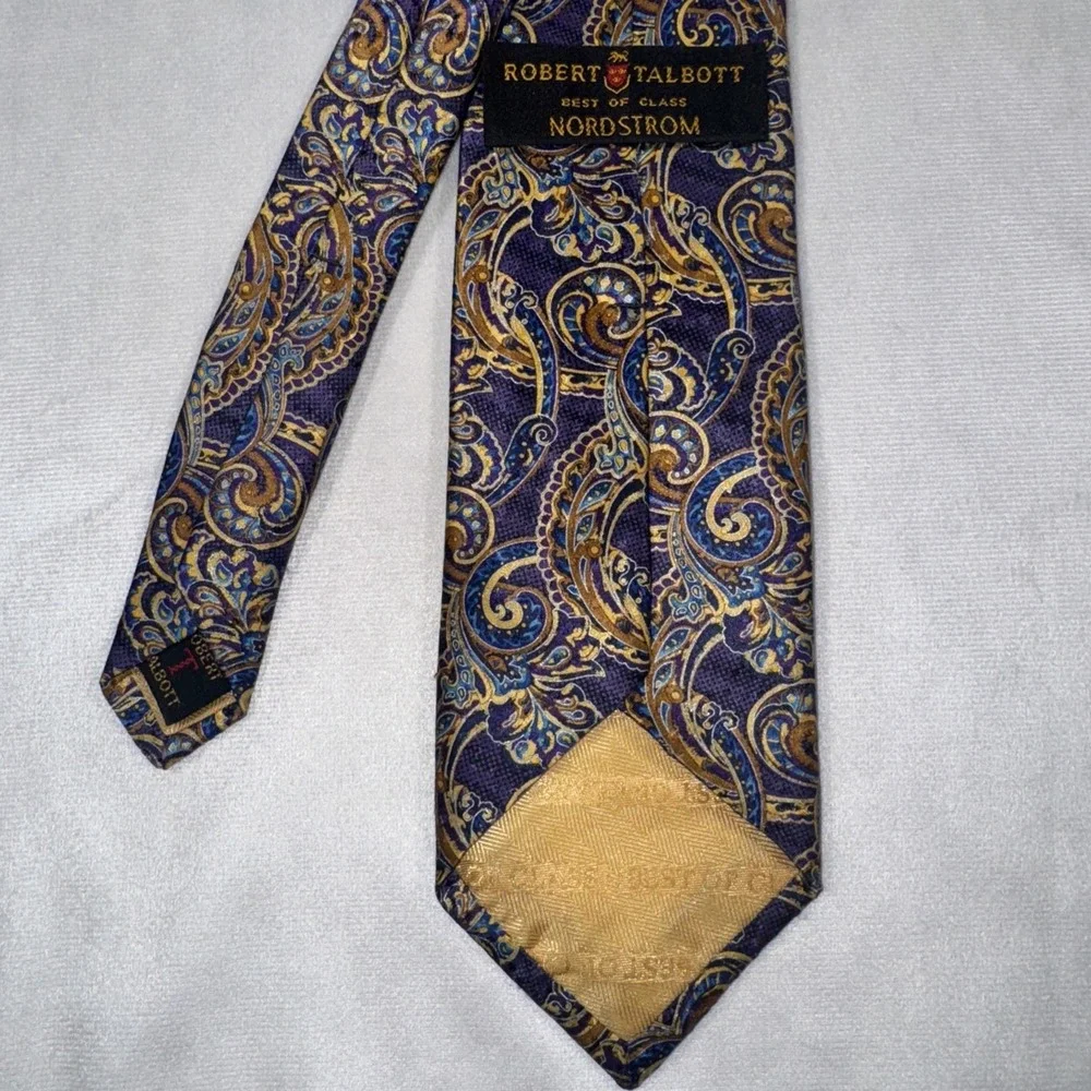 Vtg ROBERT TALBOTT 100% Silk Necktie Made in USA Peacock Designer Purple Yellow‎